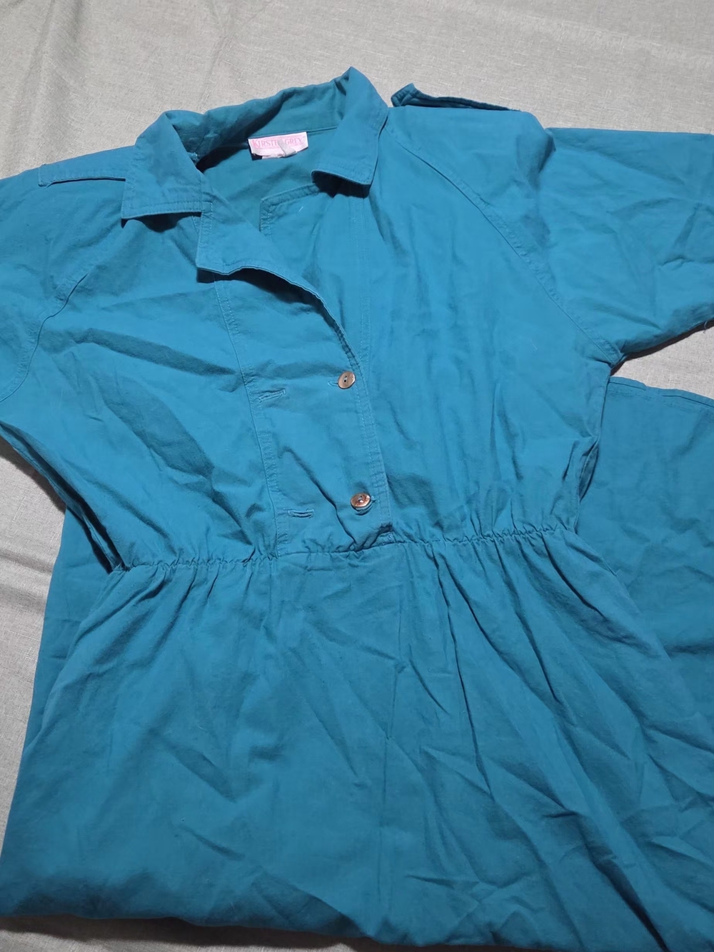 VINTAGE Teal Button-Front Dress with Elastic Waist
